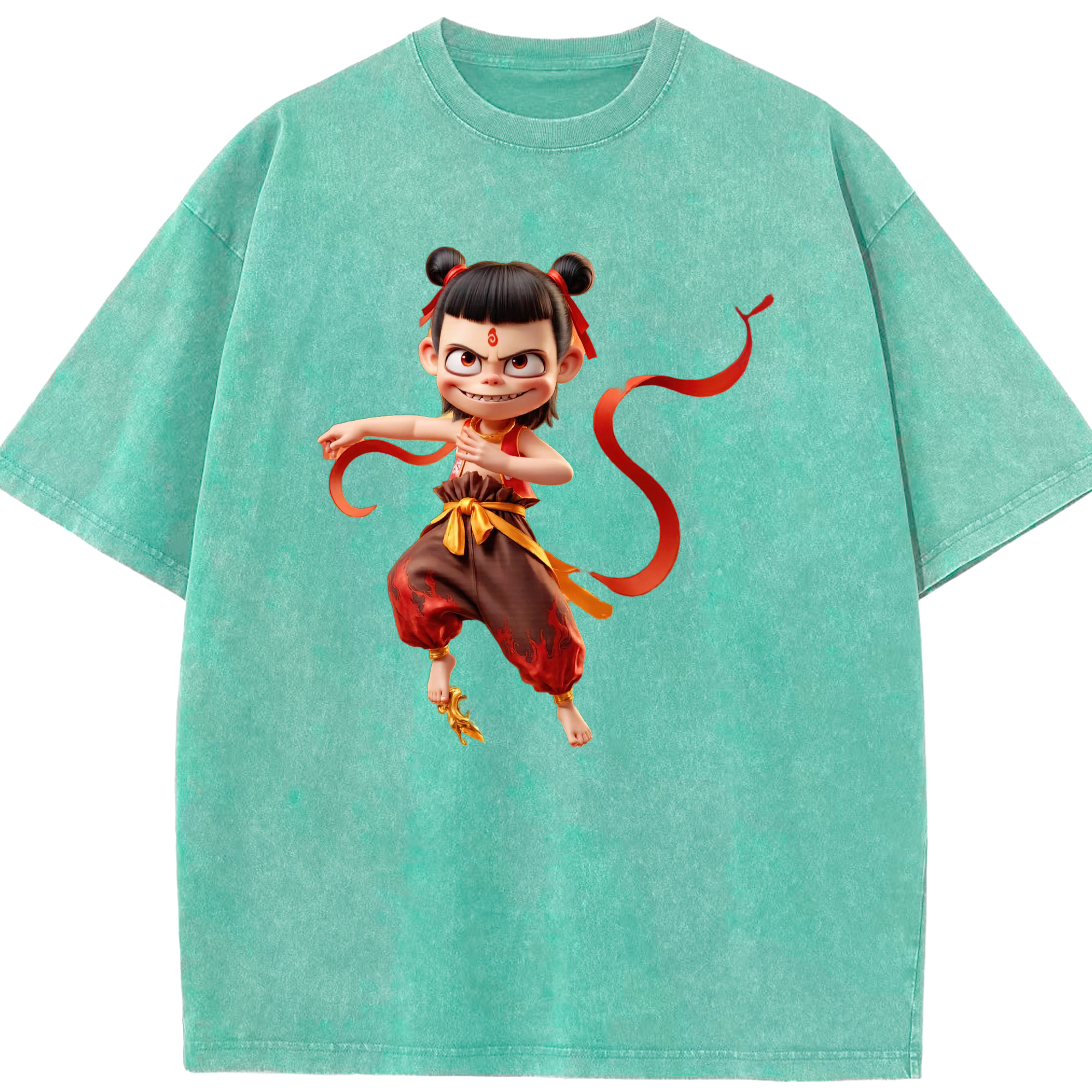 （画像用） Ne Zha 2 ナタ 魔童の大暴れ 綿100% ヴィンテージ風 半袖Tシャツ（フロントプリント）